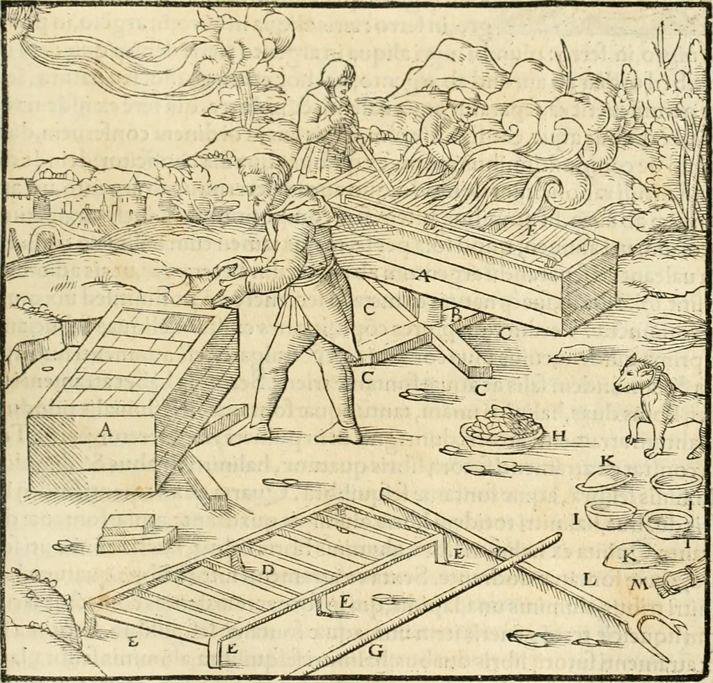 An illustration from Georgii Agricolae De re metallica libri XII. qvibus officia, instrumenta, machinae, ac omnia deni ad metallicam spectantia, non modo luculentissimè describuntur, sed & per effigies, suis locis insertas, adiunctis latinis, germanicis appellationibus ita ob oculos ponuntur, ut clarius tradi non possint. Eivsdem De animantibvs svbterraneis liber, ab autore recognitus: cum indicibus diuersis, quicqiuid in opere tractatum est, pulchré demonstrantibus, 1556, leaf 372