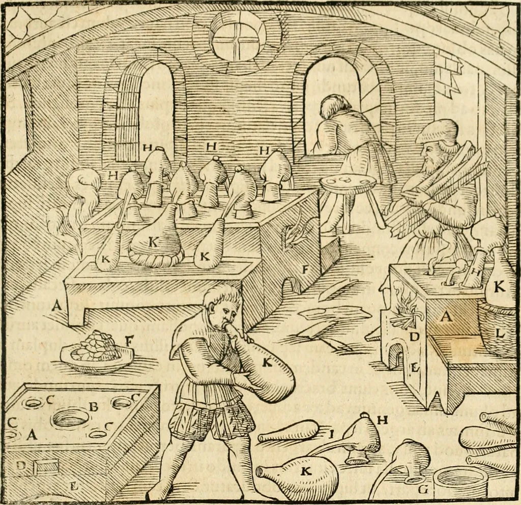 An illustration from Georgii Agricolae De re metallica libri XII. qvibus officia, instrumenta, machinae, ac omnia deni ad metallicam spectantia, non modo luculentissimè describuntur, sed & per effigies, suis locis insertas, adiunctis latinis, germanicis appellationibus ita ob oculos ponuntur, ut clarius tradi non possint. Eivsdem De animantibvs svbterraneis liber, ab autore recognitus: cum indicibus diuersis, quicqiuid in opere tractatum est, pulchré demonstrantibus, 1556, leaf 376