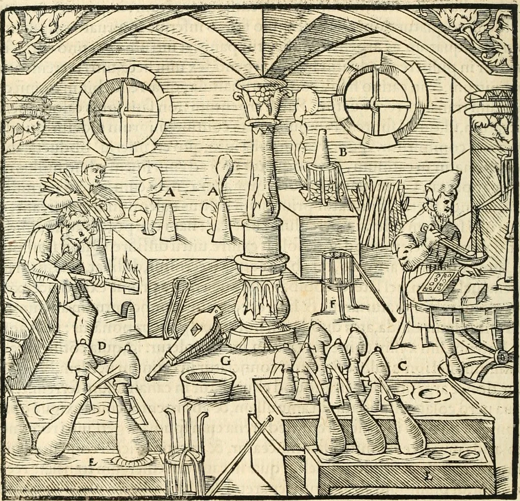 An illustration from Georgii Agricolae De re metallica libri XII. qvibus officia, instrumenta, machinae, ac omnia deni ad metallicam spectantia, non modo luculentissimè describuntur, sed & per effigies, suis locis insertas, adiunctis latinis, germanicis appellationibus ita ob oculos ponuntur, ut clarius tradi non possint. Eivsdem De animantibvs svbterraneis liber, ab autore recognitus: cum indicibus diuersis, quicqiuid in opere tractatum est, pulchré demonstrantibus, 1556, leaf 379