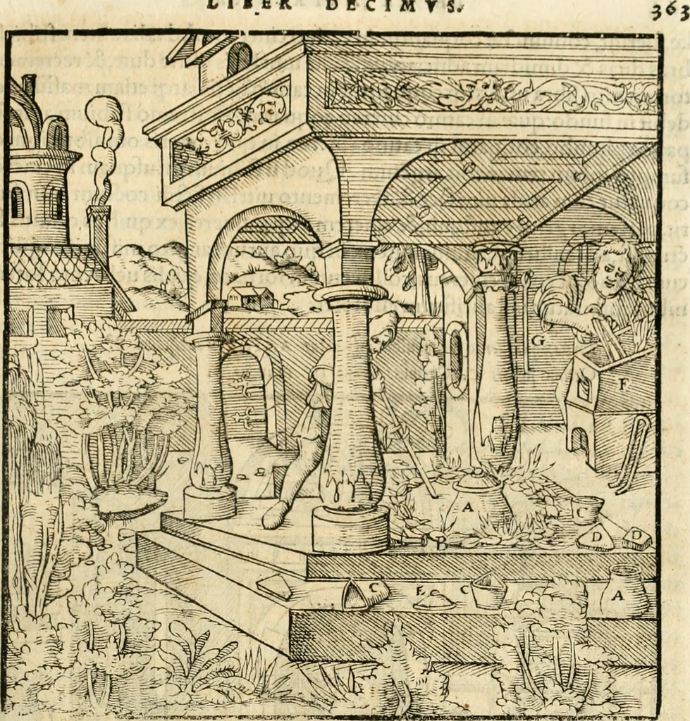 An illustration from Georgii Agricolae De re metallica libri XII. qvibus officia, instrumenta, machinae, ac omnia deni ad metallicam spectantia, non modo luculentissimè describuntur, sed & per effigies, suis locis insertas, adiunctis latinis, germanicis appellationibus ita ob oculos ponuntur, ut clarius tradi non possint. Eivsdem De animantibvs svbterraneis liber, ab autore recognitus: cum indicibus diuersis, quicqiuid in opere tractatum est, pulchré demonstrantibus, 1556, leaf 382