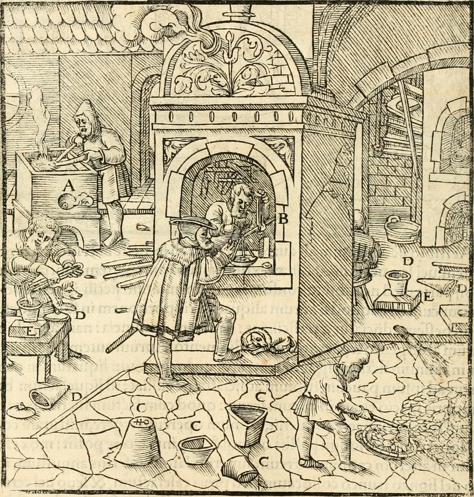 An illustration from Georgii Agricolae De re metallica libri XII. qvibus officia, instrumenta, machinae, ac omnia deni ad metallicam spectantia, non modo luculentissimè describuntur, sed & per effigies, suis locis insertas, adiunctis latinis, germanicis appellationibus ita ob oculos ponuntur, ut clarius tradi non possint. Eivsdem De animantibvs svbterraneis liber, ab autore recognitus: cum indicibus diuersis, quicqiuid in opere tractatum est, pulchré demonstrantibus, 1556, leaf 383