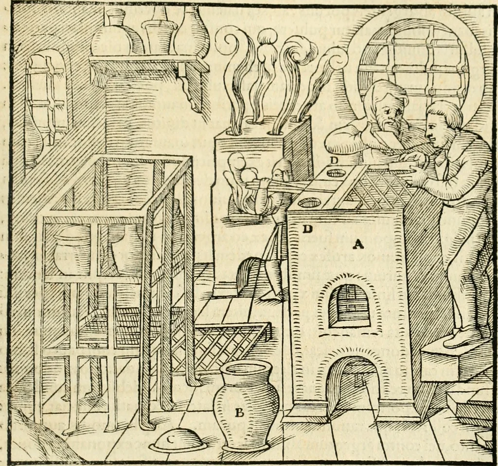 An illustration from Georgii Agricolae De re metallica libri XII. qvibus officia, instrumenta, machinae, ac omnia deni ad metallicam spectantia, non modo luculentissimè describuntur, sed & per effigies, suis locis insertas, adiunctis latinis, germanicis appellationibus ita ob oculos ponuntur, ut clarius tradi non possint. Eivsdem De animantibvs svbterraneis liber, ab autore recognitus: cum indicibus diuersis, quicqiuid in opere tractatum est, pulchré demonstrantibus, 1556, leaf 386