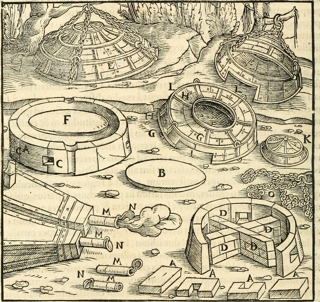 An illustration from Georgii Agricolae De re metallica libri XII. qvibus officia, instrumenta, machinae, ac omnia deni ad metallicam spectantia, non modo luculentissimè describuntur, sed & per effigies, suis locis insertas, adiunctis latinis, germanicis appellationibus ita ob oculos ponuntur, ut clarius tradi non possint. Eivsdem De animantibvs svbterraneis liber, ab autore recognitus: cum indicibus diuersis, quicqiuid in opere tractatum est, pulchré demonstrantibus, 1556, leaf 391
