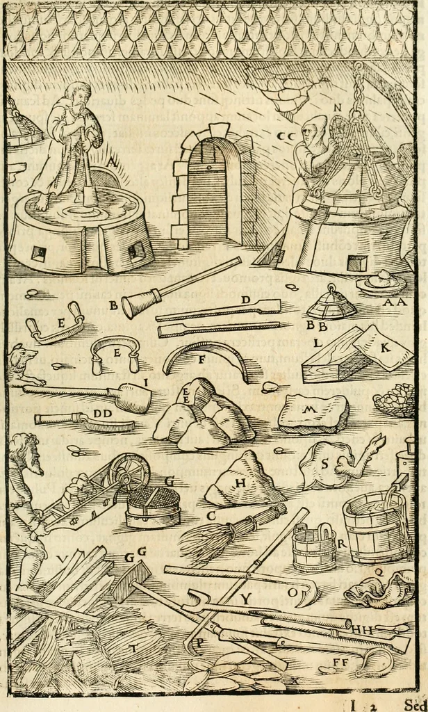 An illustration from Georgii Agricolae De re metallica libri XII. qvibus officia, instrumenta, machinae, ac omnia deni ad metallicam spectantia, non modo luculentissimè describuntur, sed & per effigies, suis locis insertas, adiunctis latinis, germanicis appellationibus ita ob oculos ponuntur, ut clarius tradi non possint. Eivsdem De animantibvs svbterraneis liber, ab autore recognitus: cum indicibus diuersis, quicqiuid in opere tractatum est, pulchré demonstrantibus, 1556, leaf 394