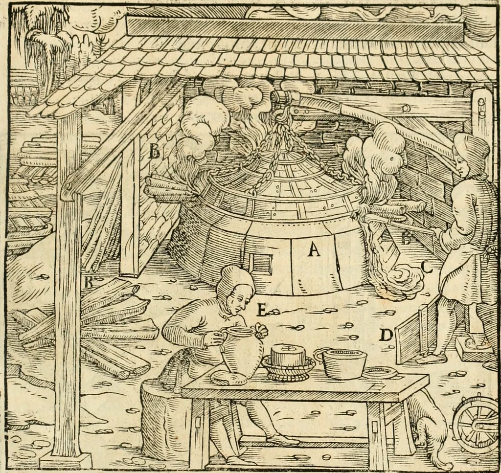An illustration from Georgii Agricolae De re metallica libri XII. qvibus officia, instrumenta, machinae, ac omnia deni ad metallicam spectantia, non modo luculentissimè describuntur, sed & per effigies, suis locis insertas, adiunctis latinis, germanicis appellationibus ita ob oculos ponuntur, ut clarius tradi non possint. Eivsdem De animantibvs svbterraneis liber, ab autore recognitus: cum indicibus diuersis, quicqiuid in opere tractatum est, pulchré demonstrantibus, 1556, leaf 396