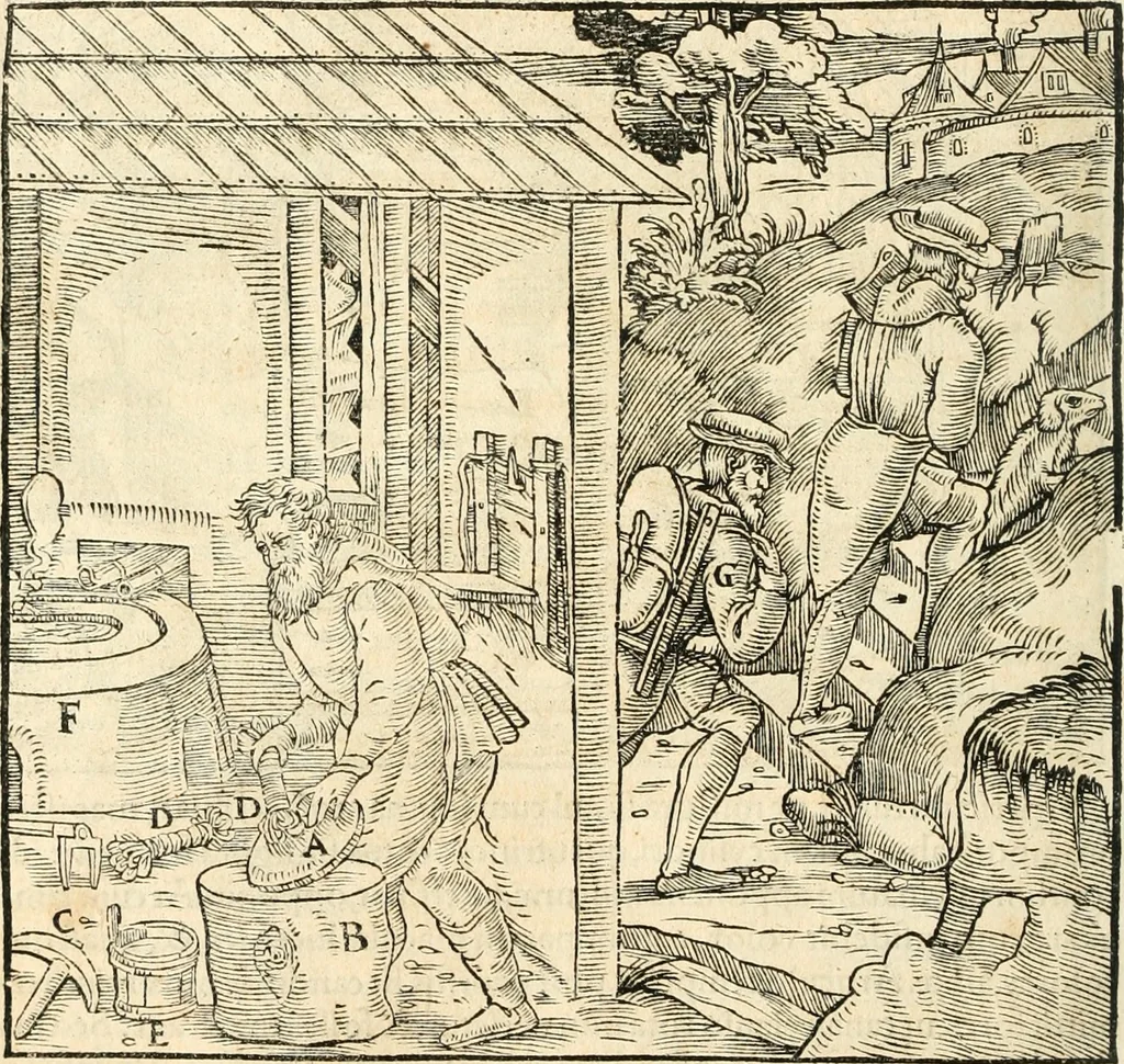 An illustration from Georgii Agricolae De re metallica libri XII. qvibus officia, instrumenta, machinae, ac omnia deni ad metallicam spectantia, non modo luculentissimè describuntur, sed & per effigies, suis locis insertas, adiunctis latinis, germanicis appellationibus ita ob oculos ponuntur, ut clarius tradi non possint. Eivsdem De animantibvs svbterraneis liber, ab autore recognitus: cum indicibus diuersis, quicqiuid in opere tractatum est, pulchré demonstrantibus, 1556, leaf 397