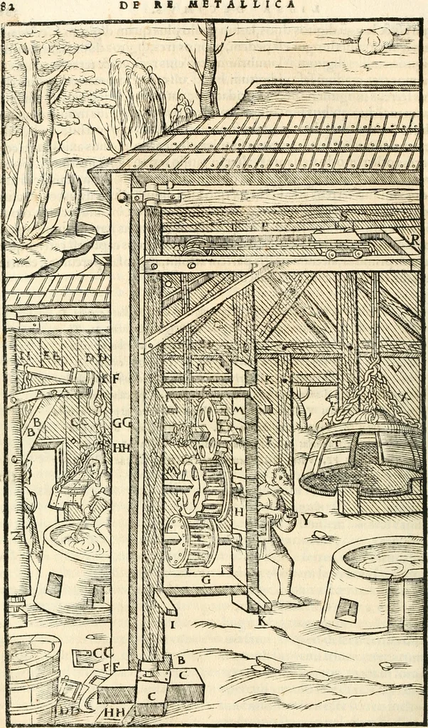 An illustration from Georgii Agricolae De re metallica libri XII. qvibus officia, instrumenta, machinae, ac omnia deni ad metallicam spectantia, non modo luculentissimè describuntur, sed & per effigies, suis locis insertas, adiunctis latinis, germanicis appellationibus ita ob oculos ponuntur, ut clarius tradi non possint. Eivsdem De animantibvs svbterraneis liber, ab autore recognitus: cum indicibus diuersis, quicqiuid in opere tractatum est, pulchré demonstrantibus, 1556, leaf 401