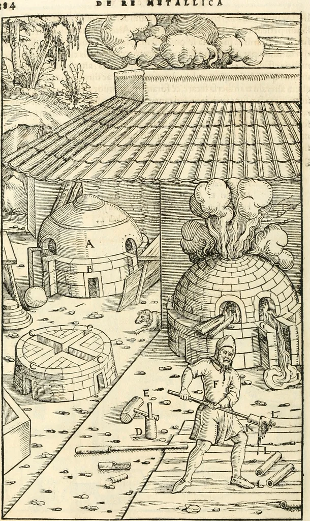 An illustration from Georgii Agricolae De re metallica libri XII. qvibus officia, instrumenta, machinae, ac omnia deni ad metallicam spectantia, non modo luculentissimè describuntur, sed & per effigies, suis locis insertas, adiunctis latinis, germanicis appellationibus ita ob oculos ponuntur, ut clarius tradi non possint. Eivsdem De animantibvs svbterraneis liber, ab autore recognitus: cum indicibus diuersis, quicqiuid in opere tractatum est, pulchré demonstrantibus, 1556, leaf 403