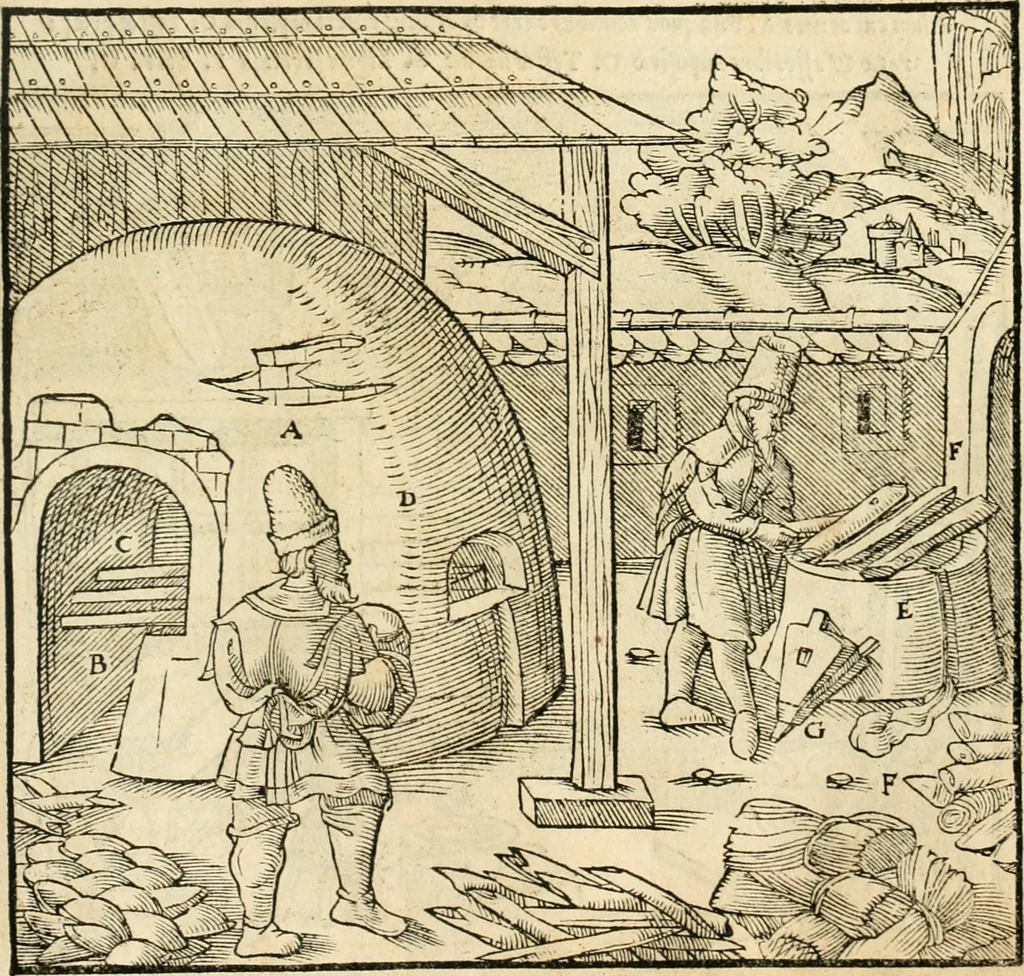 An illustration from Georgii Agricolae De re metallica libri XII. qvibus officia, instrumenta, machinae, ac omnia deni ad metallicam spectantia, non modo luculentissimè describuntur, sed & per effigies, suis locis insertas, adiunctis latinis, germanicis appellationibus ita ob oculos ponuntur, ut clarius tradi non possint. Eivsdem De animantibvs svbterraneis liber, ab autore recognitus: cum indicibus diuersis, quicqiuid in opere tractatum est, pulchré demonstrantibus, 1556, leaf 404