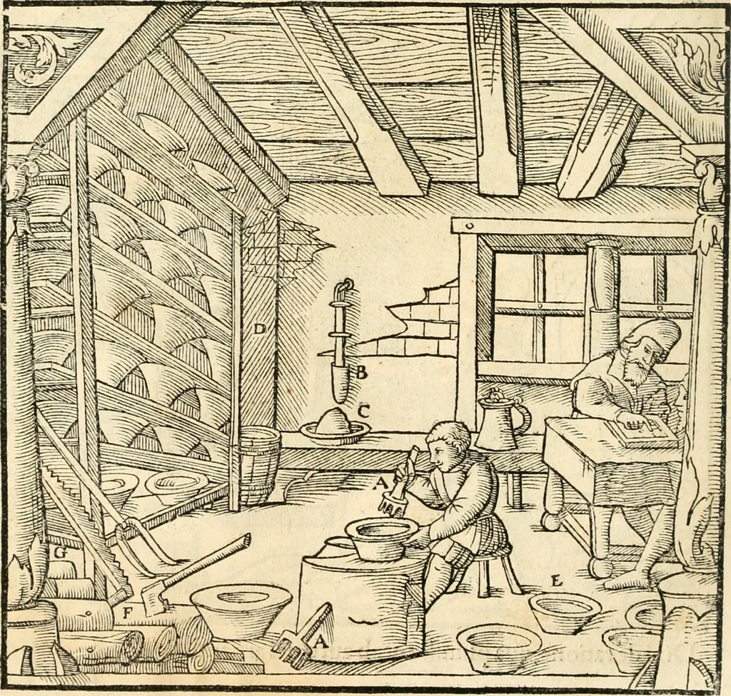 An illustration from Georgii Agricolae De re metallica libri XII. qvibus officia, instrumenta, machinae, ac omnia deni ad metallicam spectantia, non modo luculentissimè describuntur, sed & per effigies, suis locis insertas, adiunctis latinis, germanicis appellationibus ita ob oculos ponuntur, ut clarius tradi non possint. Eivsdem De animantibvs svbterraneis liber, ab autore recognitus: cum indicibus diuersis, quicqiuid in opere tractatum est, pulchré demonstrantibus, 1556, leaf 405