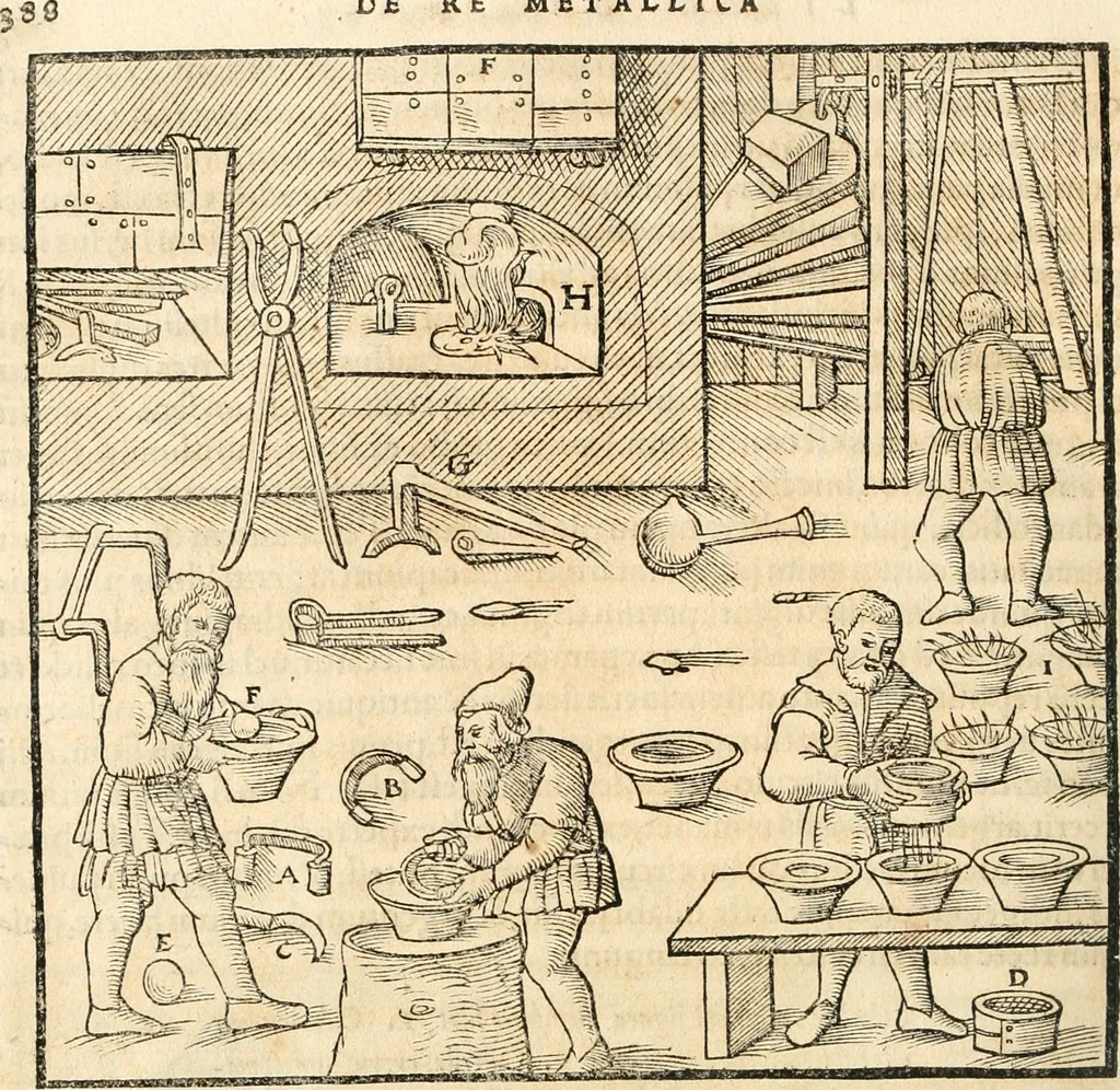 An illustration from Georgii Agricolae De re metallica libri XII. qvibus officia, instrumenta, machinae, ac omnia deni ad metallicam spectantia, non modo luculentissimè describuntur, sed & per effigies, suis locis insertas, adiunctis latinis, germanicis appellationibus ita ob oculos ponuntur, ut clarius tradi non possint. Eivsdem De animantibvs svbterraneis liber, ab autore recognitus: cum indicibus diuersis, quicqiuid in opere tractatum est, pulchré demonstrantibus, 1556, leaf 407