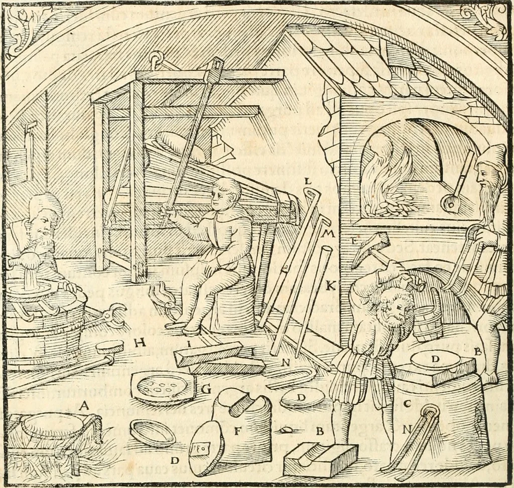 An illustration from Georgii Agricolae De re metallica libri XII. qvibus officia, instrumenta, machinae, ac omnia deni ad metallicam spectantia, non modo luculentissimè describuntur, sed & per effigies, suis locis insertas, adiunctis latinis, germanicis appellationibus ita ob oculos ponuntur, ut clarius tradi non possint. Eivsdem De animantibvs svbterraneis liber, ab autore recognitus: cum indicibus diuersis, quicqiuid in opere tractatum est, pulchré demonstrantibus, 1556, leaf 409