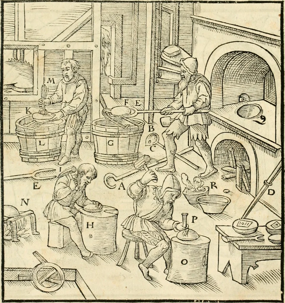 An illustration from Georgii Agricolae De re metallica libri XII. qvibus officia, instrumenta, machinae, ac omnia deni ad metallicam spectantia, non modo luculentissimè describuntur, sed & per effigies, suis locis insertas, adiunctis latinis, germanicis appellationibus ita ob oculos ponuntur, ut clarius tradi non possint. Eivsdem De animantibvs svbterraneis liber, ab autore recognitus: cum indicibus diuersis, quicqiuid in opere tractatum est, pulchré demonstrantibus, 1556, leaf 410