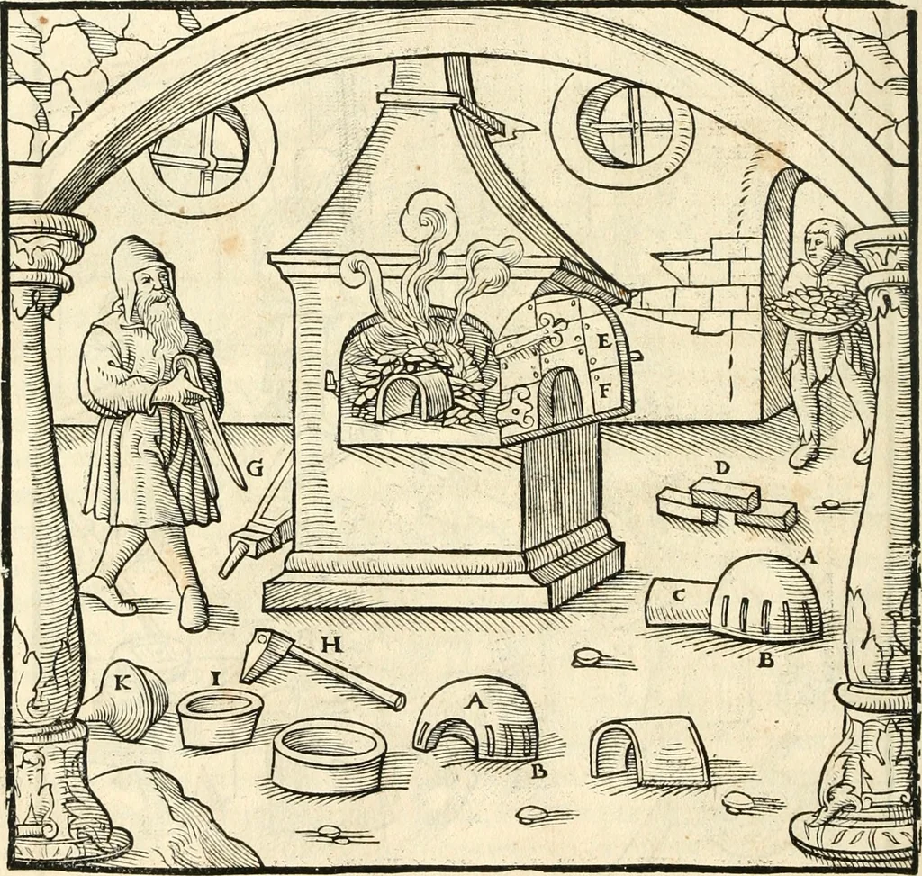 An illustration from Georgii Agricolae De re metallica libri XII. qvibus officia, instrumenta, machinae, ac omnia deni ad metallicam spectantia, non modo luculentissimè describuntur, sed & per effigies, suis locis insertas, adiunctis latinis, germanicis appellationibus ita ob oculos ponuntur, ut clarius tradi non possint. Eivsdem De animantibvs svbterraneis liber, ab autore recognitus: cum indicibus diuersis, quicqiuid in opere tractatum est, pulchré demonstrantibus, 1556, leaf 411