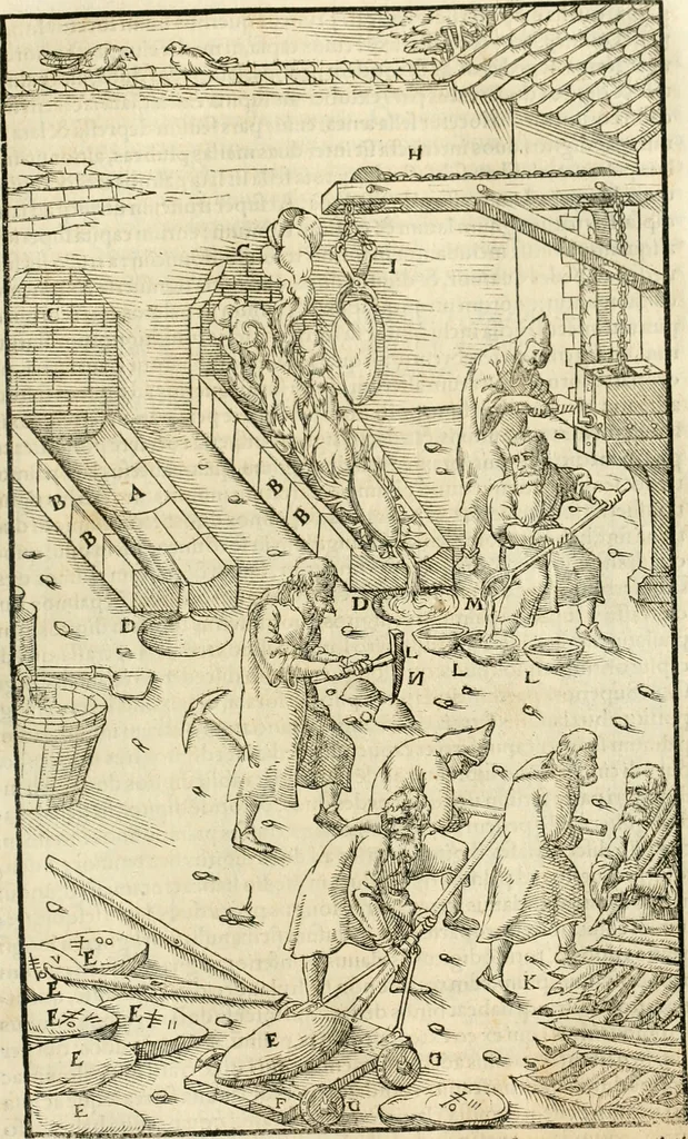 An illustration from Georgii Agricolae De re metallica libri XII. qvibus officia, instrumenta, machinae, ac omnia deni ad metallicam spectantia, non modo luculentissimè describuntur, sed & per effigies, suis locis insertas, adiunctis latinis, germanicis appellationibus ita ob oculos ponuntur, ut clarius tradi non possint. Eivsdem De animantibvs svbterraneis liber, ab autore recognitus: cum indicibus diuersis, quicqiuid in opere tractatum est, pulchré demonstrantibus, 1556, leaf 420