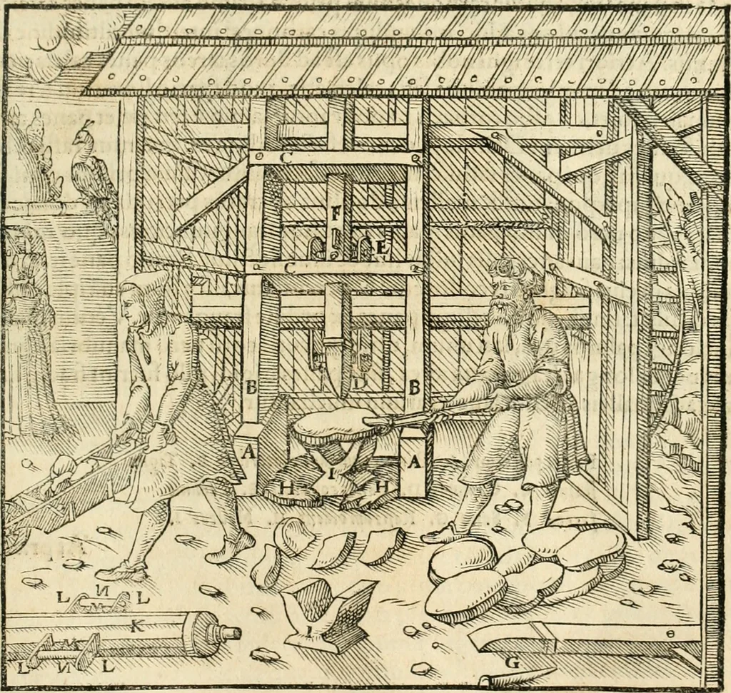 An illustration from Georgii Agricolae De re metallica libri XII. qvibus officia, instrumenta, machinae, ac omnia deni ad metallicam spectantia, non modo luculentissimè describuntur, sed & per effigies, suis locis insertas, adiunctis latinis, germanicis appellationibus ita ob oculos ponuntur, ut clarius tradi non possint. Eivsdem De animantibvs svbterraneis liber, ab autore recognitus: cum indicibus diuersis, quicqiuid in opere tractatum est, pulchré demonstrantibus, 1556, leaf 422