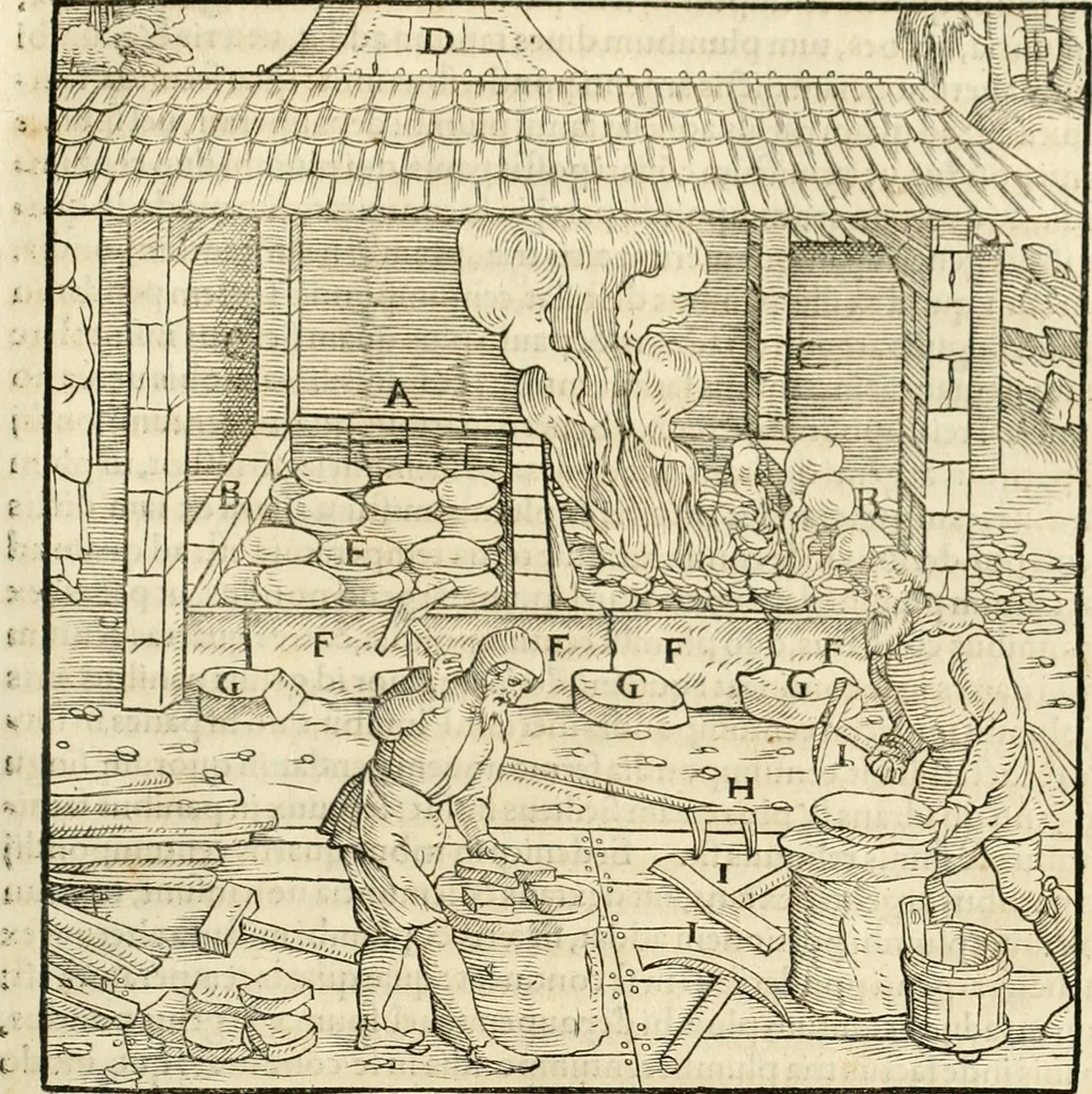 An illustration from Georgii Agricolae De re metallica libri XII. qvibus officia, instrumenta, machinae, ac omnia deni ad metallicam spectantia, non modo luculentissimè describuntur, sed & per effigies, suis locis insertas, adiunctis latinis, germanicis appellationibus ita ob oculos ponuntur, ut clarius tradi non possint. Eivsdem De animantibvs svbterraneis liber, ab autore recognitus: cum indicibus diuersis, quicqiuid in opere tractatum est, pulchré demonstrantibus, 1556, leaf 424