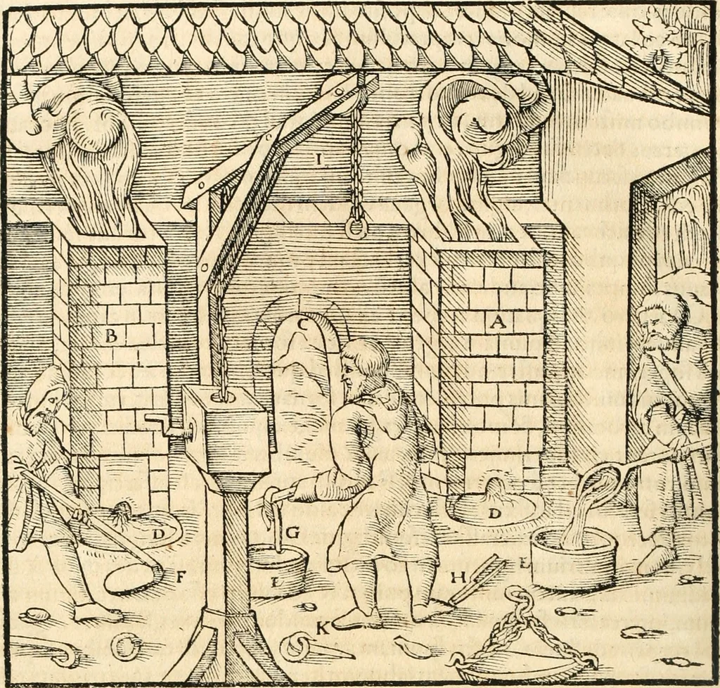 An illustration from Georgii Agricolae De re metallica libri XII. qvibus officia, instrumenta, machinae, ac omnia deni ad metallicam spectantia, non modo luculentissimè describuntur, sed & per effigies, suis locis insertas, adiunctis latinis, germanicis appellationibus ita ob oculos ponuntur, ut clarius tradi non possint. Eivsdem De animantibvs svbterraneis liber, ab autore recognitus: cum indicibus diuersis, quicqiuid in opere tractatum est, pulchré demonstrantibus, 1556, leaf 427