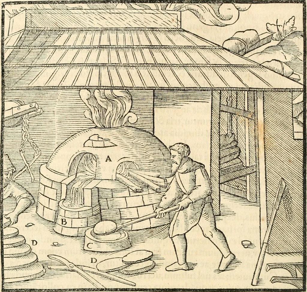 An illustration from Georgii Agricolae De re metallica libri XII. qvibus officia, instrumenta, machinae, ac omnia deni ad metallicam spectantia, non modo luculentissimè describuntur, sed & per effigies, suis locis insertas, adiunctis latinis, germanicis appellationibus ita ob oculos ponuntur, ut clarius tradi non possint. Eivsdem De animantibvs svbterraneis liber, ab autore recognitus: cum indicibus diuersis, quicqiuid in opere tractatum est, pulchré demonstrantibus, 1556, leaf 429