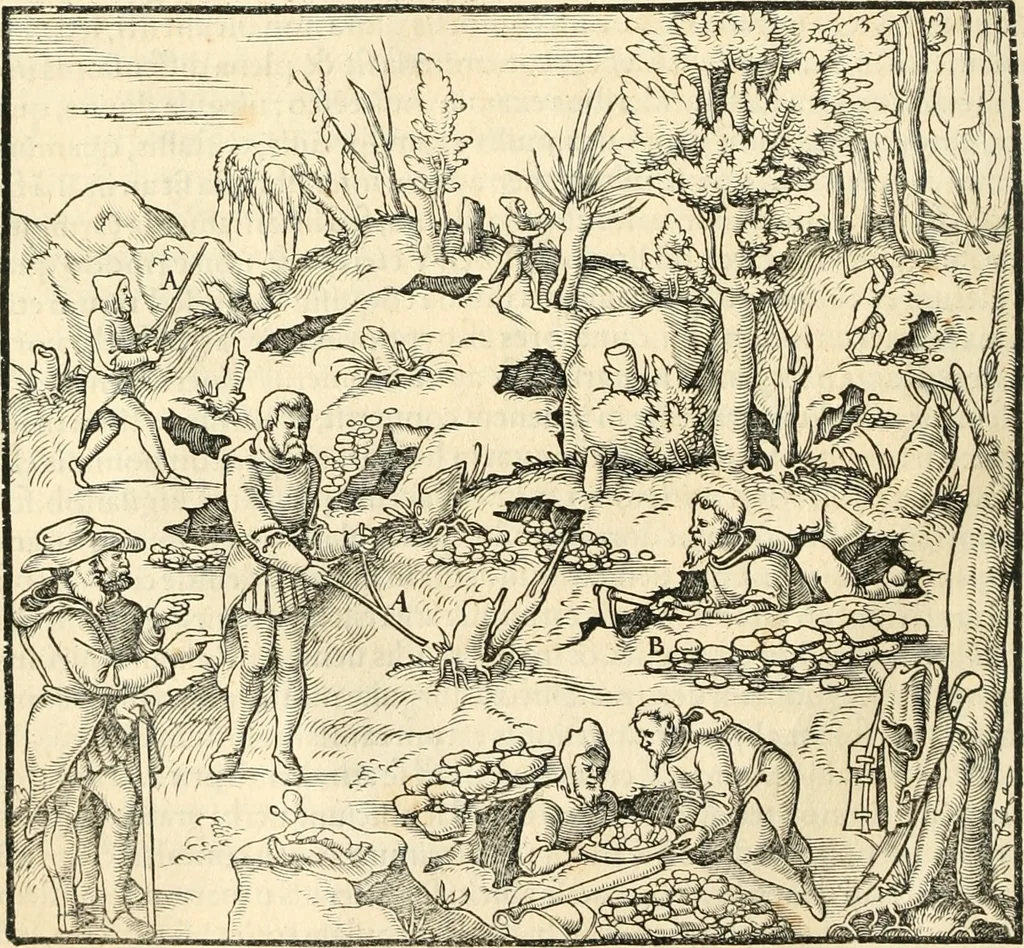 An illustration from Georgii Agricolae De re metallica libri XII. qvibus officia, instrumenta, machinae, ac omnia deni ad metallicam spectantia, non modo luculentissimè describuntur, sed & per effigies, suis locis insertas, adiunctis latinis, germanicis appellationibus ita ob oculos ponuntur, ut clarius tradi non possint. Eivsdem De animantibvs svbterraneis liber, ab autore recognitus: cum indicibus diuersis, quicqiuid in opere tractatum est, pulchré demonstrantibus, 1556, leaf 43