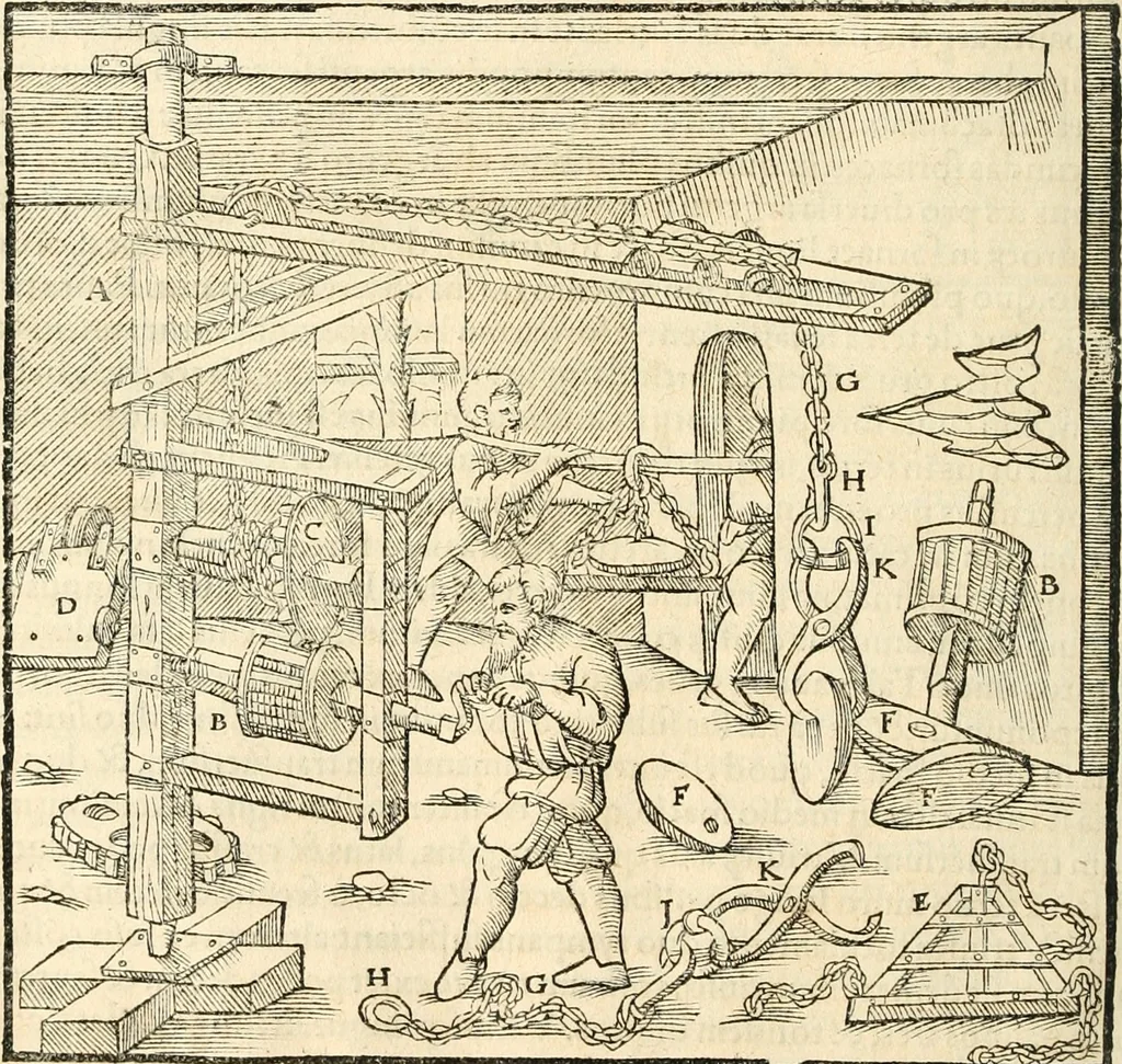 An illustration from Georgii Agricolae De re metallica libri XII. qvibus officia, instrumenta, machinae, ac omnia deni ad metallicam spectantia, non modo luculentissimè describuntur, sed & per effigies, suis locis insertas, adiunctis latinis, germanicis appellationibus ita ob oculos ponuntur, ut clarius tradi non possint. Eivsdem De animantibvs svbterraneis liber, ab autore recognitus: cum indicibus diuersis, quicqiuid in opere tractatum est, pulchré demonstrantibus, 1556, leaf 431