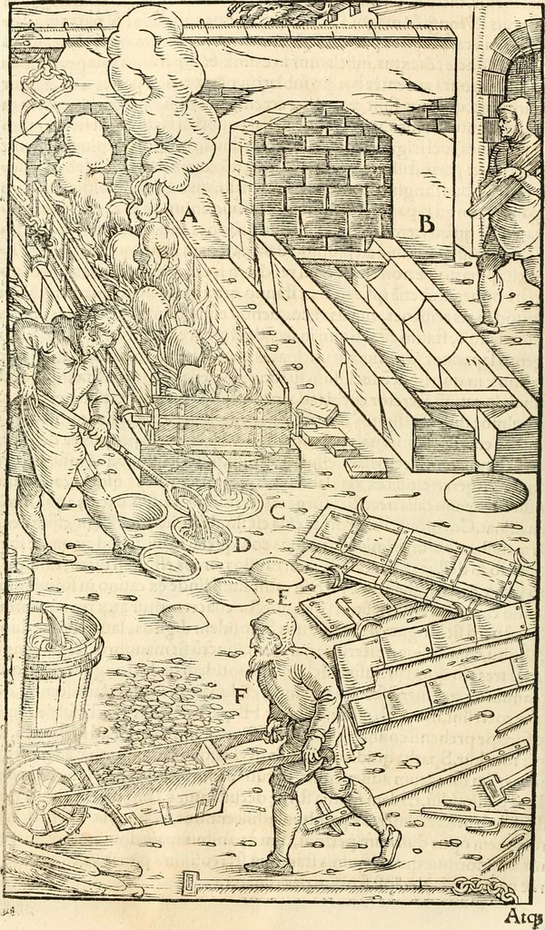 An illustration from Georgii Agricolae De re metallica libri XII. qvibus officia, instrumenta, machinae, ac omnia deni ad metallicam spectantia, non modo luculentissimè describuntur, sed & per effigies, suis locis insertas, adiunctis latinis, germanicis appellationibus ita ob oculos ponuntur, ut clarius tradi non possint. Eivsdem De animantibvs svbterraneis liber, ab autore recognitus: cum indicibus diuersis, quicqiuid in opere tractatum est, pulchré demonstrantibus, 1556, leaf 437