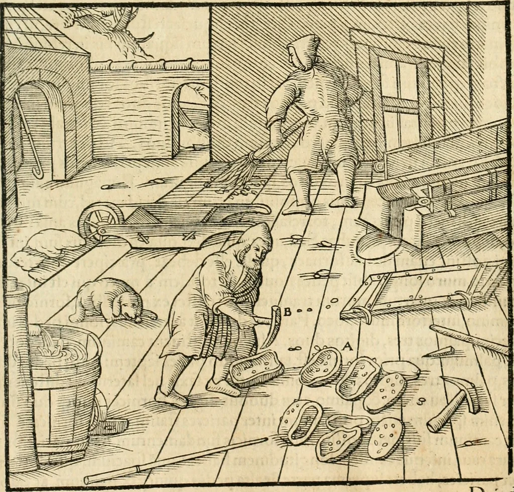 An illustration from Georgii Agricolae De re metallica libri XII. qvibus officia, instrumenta, machinae, ac omnia deni ad metallicam spectantia, non modo luculentissimè describuntur, sed & per effigies, suis locis insertas, adiunctis latinis, germanicis appellationibus ita ob oculos ponuntur, ut clarius tradi non possint. Eivsdem De animantibvs svbterraneis liber, ab autore recognitus: cum indicibus diuersis, quicqiuid in opere tractatum est, pulchré demonstrantibus, 1556, leaf 438