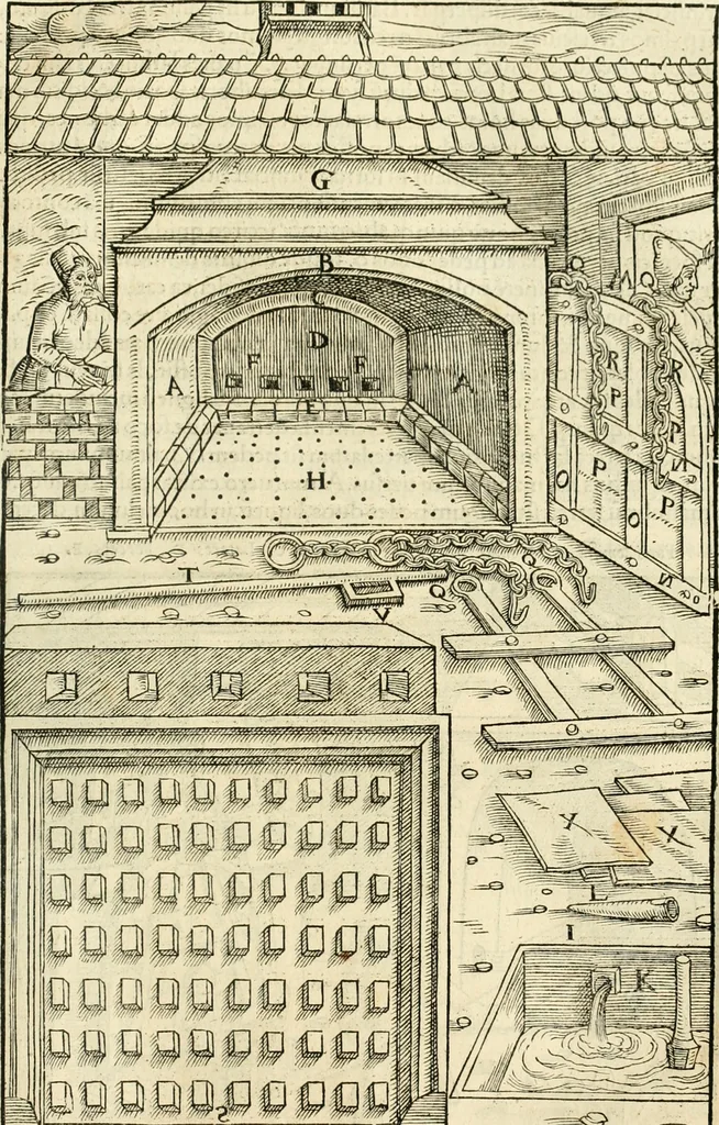 An illustration from Georgii Agricolae De re metallica libri XII. qvibus officia, instrumenta, machinae, ac omnia deni ad metallicam spectantia, non modo luculentissimè describuntur, sed & per effigies, suis locis insertas, adiunctis latinis, germanicis appellationibus ita ob oculos ponuntur, ut clarius tradi non possint. Eivsdem De animantibvs svbterraneis liber, ab autore recognitus: cum indicibus diuersis, quicqiuid in opere tractatum est, pulchré demonstrantibus, 1556, leaf 442