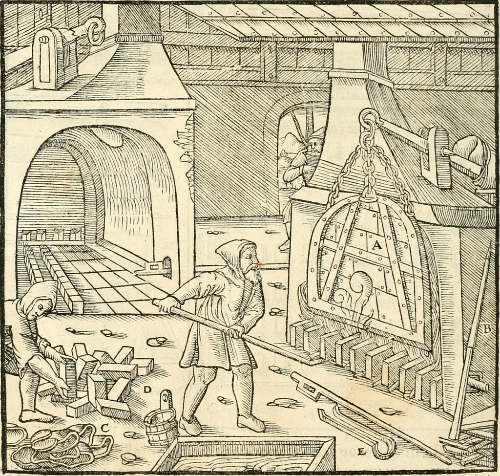 An illustration from Georgii Agricolae De re metallica libri XII. qvibus officia, instrumenta, machinae, ac omnia deni ad metallicam spectantia, non modo luculentissimè describuntur, sed & per effigies, suis locis insertas, adiunctis latinis, germanicis appellationibus ita ob oculos ponuntur, ut clarius tradi non possint. Eivsdem De animantibvs svbterraneis liber, ab autore recognitus: cum indicibus diuersis, quicqiuid in opere tractatum est, pulchré demonstrantibus, 1556, leaf 443