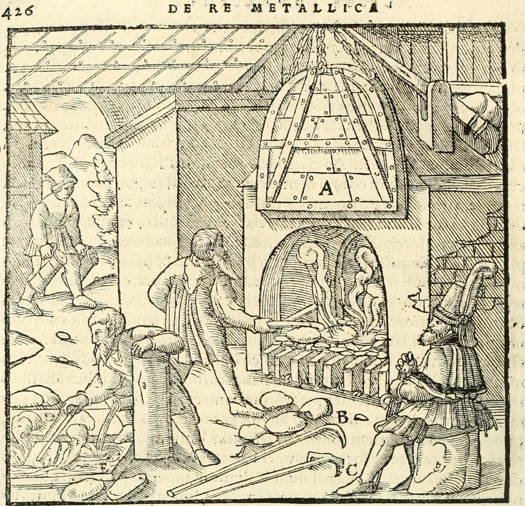 An illustration from Georgii Agricolae De re metallica libri XII. qvibus officia, instrumenta, machinae, ac omnia deni ad metallicam spectantia, non modo luculentissimè describuntur, sed & per effigies, suis locis insertas, adiunctis latinis, germanicis appellationibus ita ob oculos ponuntur, ut clarius tradi non possint. Eivsdem De animantibvs svbterraneis liber, ab autore recognitus: cum indicibus diuersis, quicqiuid in opere tractatum est, pulchré demonstrantibus, 1556, leaf 445