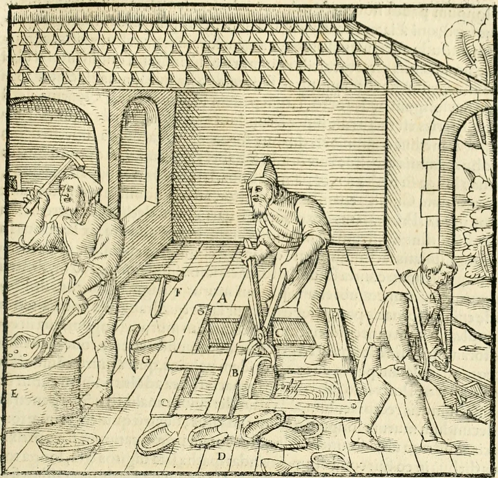 An illustration from Georgii Agricolae De re metallica libri XII. qvibus officia, instrumenta, machinae, ac omnia deni ad metallicam spectantia, non modo luculentissimè describuntur, sed & per effigies, suis locis insertas, adiunctis latinis, germanicis appellationibus ita ob oculos ponuntur, ut clarius tradi non possint. Eivsdem De animantibvs svbterraneis liber, ab autore recognitus: cum indicibus diuersis, quicqiuid in opere tractatum est, pulchré demonstrantibus, 1556, leaf 446