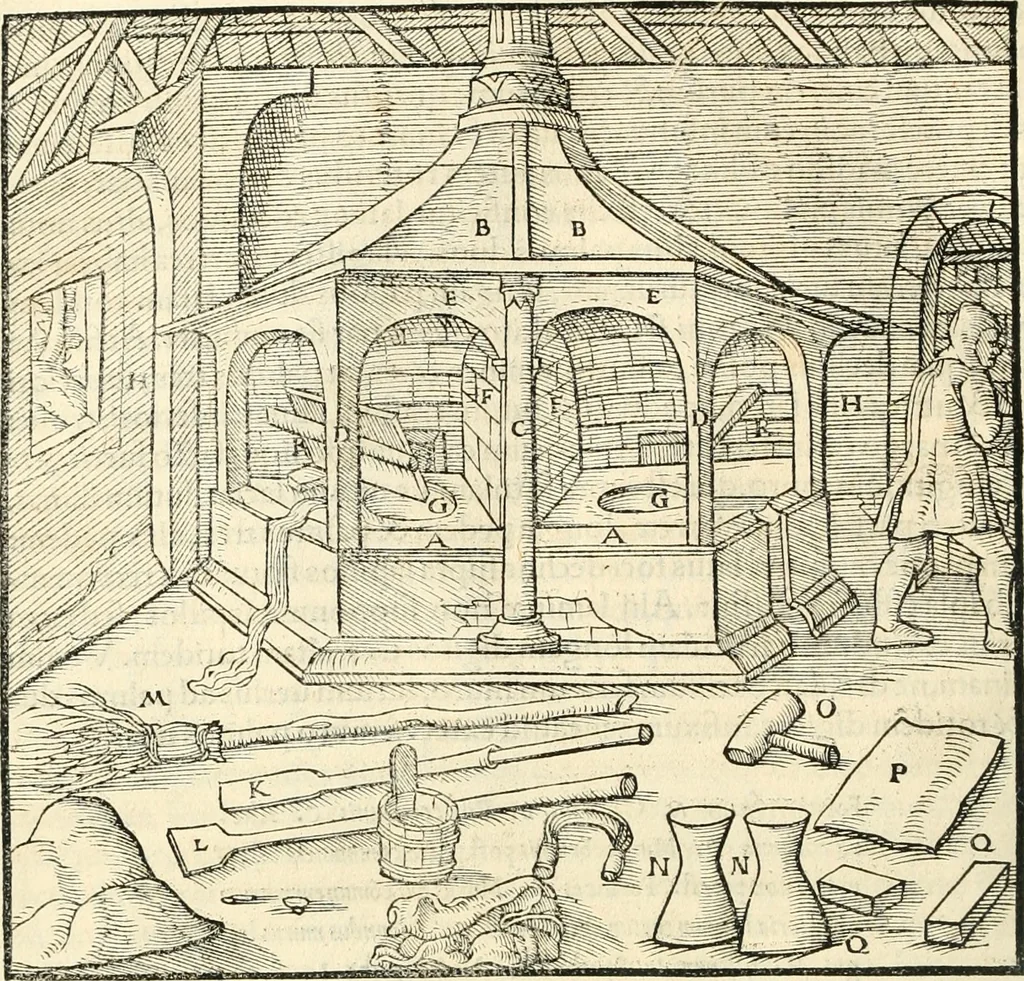 An illustration from Georgii Agricolae De re metallica libri XII. qvibus officia, instrumenta, machinae, ac omnia deni ad metallicam spectantia, non modo luculentissimè describuntur, sed & per effigies, suis locis insertas, adiunctis latinis, germanicis appellationibus ita ob oculos ponuntur, ut clarius tradi non possint. Eivsdem De animantibvs svbterraneis liber, ab autore recognitus: cum indicibus diuersis, quicqiuid in opere tractatum est, pulchré demonstrantibus, 1556, leaf 449