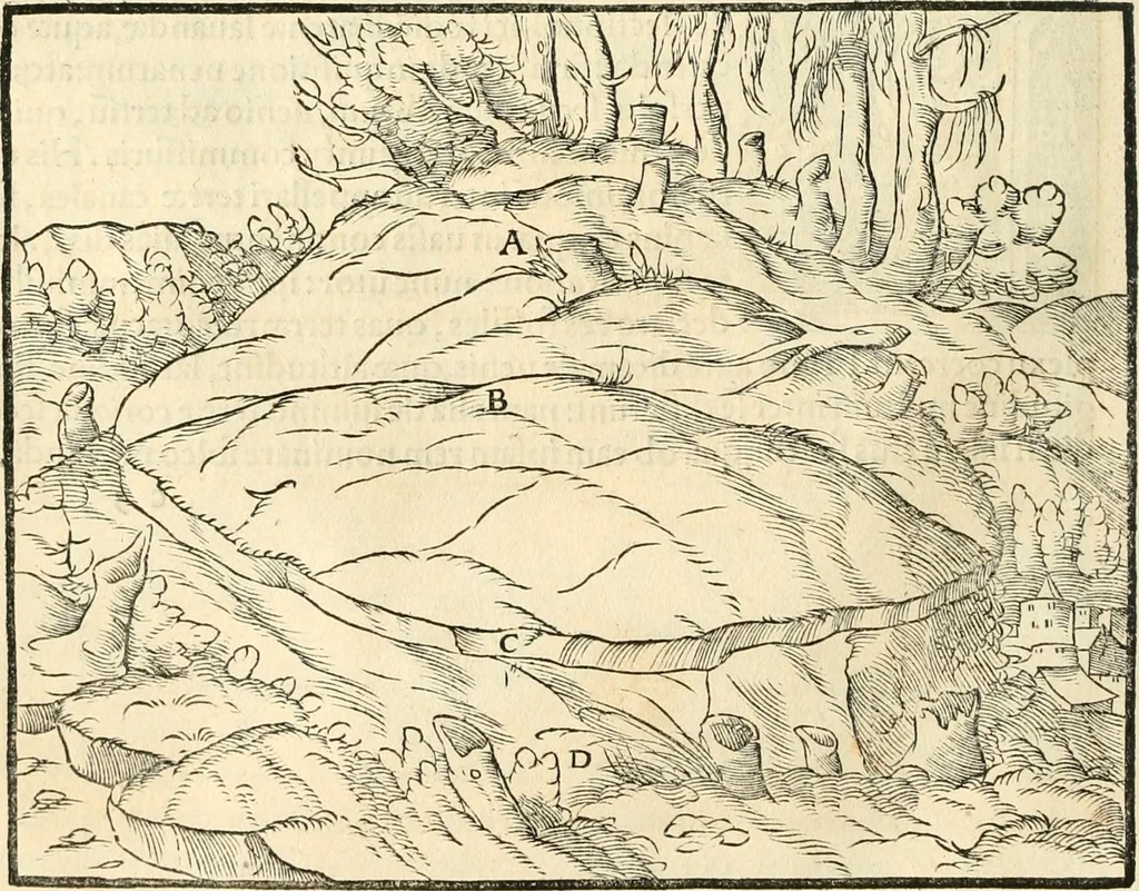 An illustration from Georgii Agricolae De re metallica libri XII. qvibus officia, instrumenta, machinae, ac omnia deni ad metallicam spectantia, non modo luculentissimè describuntur, sed & per effigies, suis locis insertas, adiunctis latinis, germanicis appellationibus ita ob oculos ponuntur, ut clarius tradi non possint. Eivsdem De animantibvs svbterraneis liber, ab autore recognitus: cum indicibus diuersis, quicqiuid in opere tractatum est, pulchré demonstrantibus, 1556, leaf 45