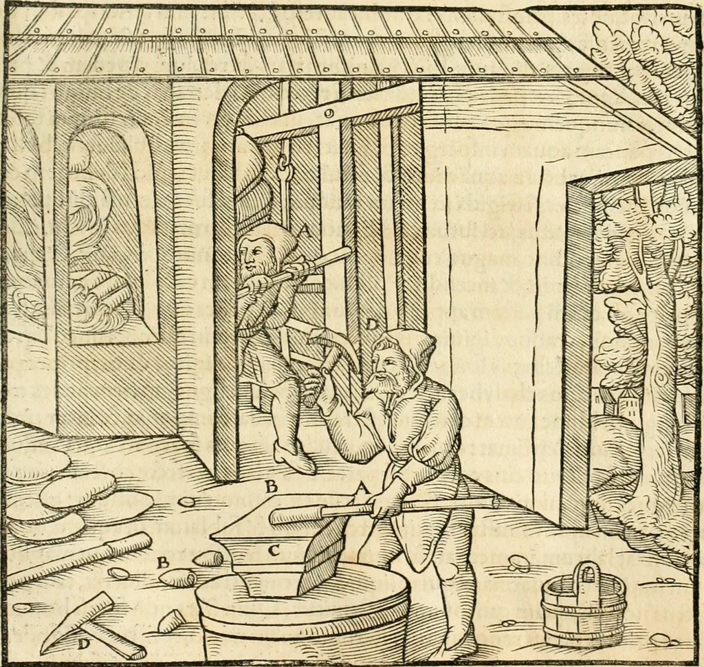 An illustration from Georgii Agricolae De re metallica libri XII. qvibus officia, instrumenta, machinae, ac omnia deni ad metallicam spectantia, non modo luculentissimè describuntur, sed & per effigies, suis locis insertas, adiunctis latinis, germanicis appellationibus ita ob oculos ponuntur, ut clarius tradi non possint. Eivsdem De animantibvs svbterraneis liber, ab autore recognitus: cum indicibus diuersis, quicqiuid in opere tractatum est, pulchré demonstrantibus, 1556, leaf 450