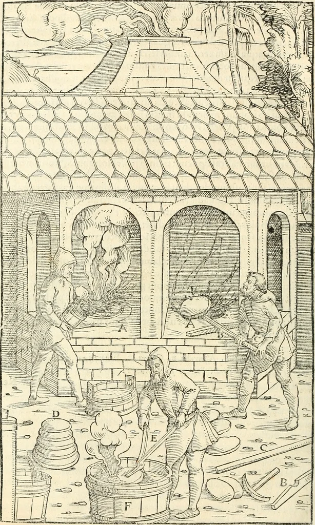 An illustration from Georgii Agricolae De re metallica libri XII. qvibus officia, instrumenta, machinae, ac omnia deni ad metallicam spectantia, non modo luculentissimè describuntur, sed & per effigies, suis locis insertas, adiunctis latinis, germanicis appellationibus ita ob oculos ponuntur, ut clarius tradi non possint. Eivsdem De animantibvs svbterraneis liber, ab autore recognitus: cum indicibus diuersis, quicqiuid in opere tractatum est, pulchré demonstrantibus, 1556, leaf 453
