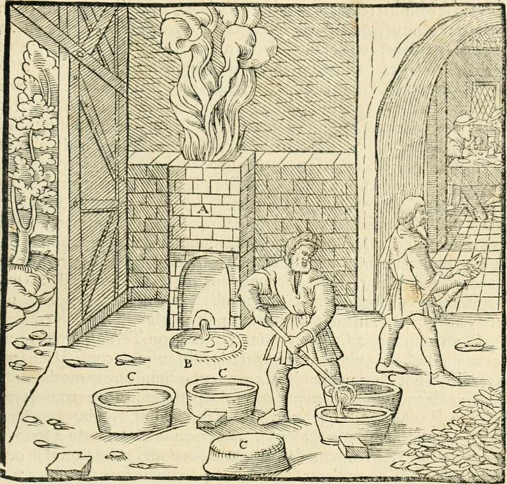 An illustration from Georgii Agricolae De re metallica libri XII. qvibus officia, instrumenta, machinae, ac omnia deni ad metallicam spectantia, non modo luculentissimè describuntur, sed & per effigies, suis locis insertas, adiunctis latinis, germanicis appellationibus ita ob oculos ponuntur, ut clarius tradi non possint. Eivsdem De animantibvs svbterraneis liber, ab autore recognitus: cum indicibus diuersis, quicqiuid in opere tractatum est, pulchré demonstrantibus, 1556, leaf 456