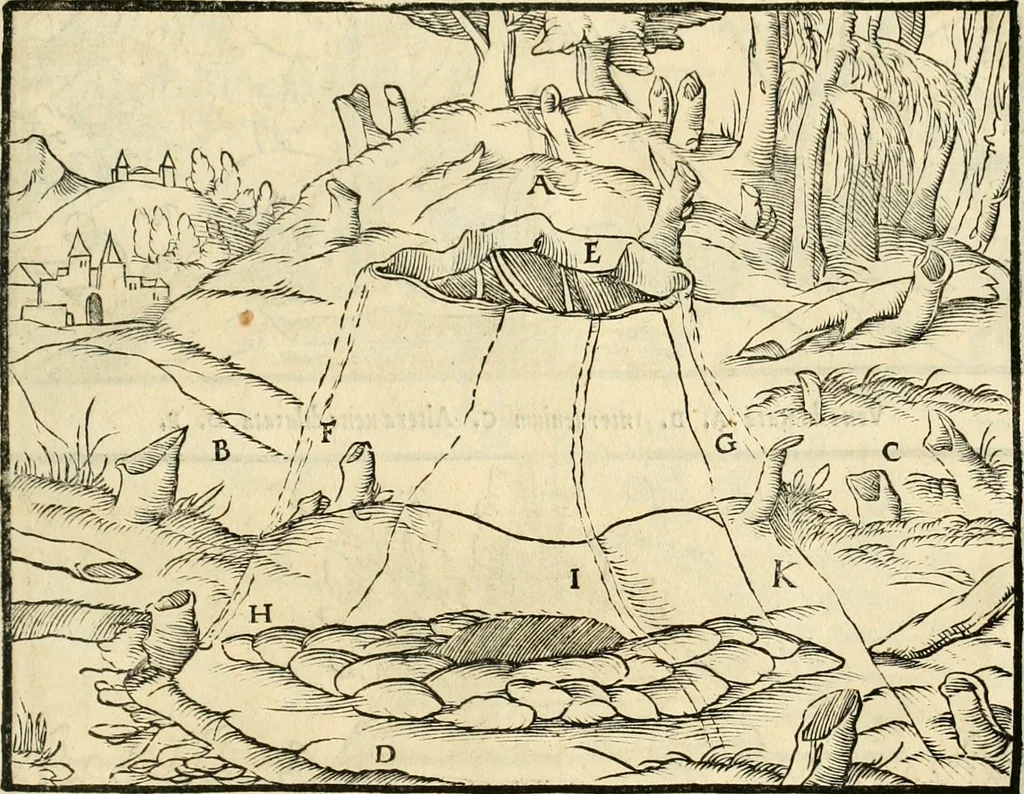 An illustration from Georgii Agricolae De re metallica libri XII. qvibus officia, instrumenta, machinae, ac omnia deni ad metallicam spectantia, non modo luculentissimè describuntur, sed & per effigies, suis locis insertas, adiunctis latinis, germanicis appellationibus ita ob oculos ponuntur, ut clarius tradi non possint. Eivsdem De animantibvs svbterraneis liber, ab autore recognitus: cum indicibus diuersis, quicqiuid in opere tractatum est, pulchré demonstrantibus, 1556, leaf 46