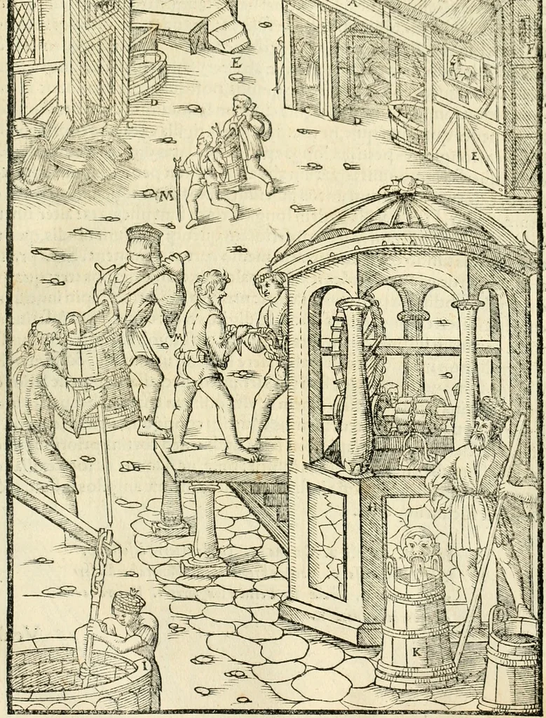 An illustration from Georgii Agricolae De re metallica libri XII. qvibus officia, instrumenta, machinae, ac omnia deni ad metallicam spectantia, non modo luculentissimè describuntur, sed & per effigies, suis locis insertas, adiunctis latinis, germanicis appellationibus ita ob oculos ponuntur, ut clarius tradi non possint. Eivsdem De animantibvs svbterraneis liber, ab autore recognitus: cum indicibus diuersis, quicqiuid in opere tractatum est, pulchré demonstrantibus, 1556, leaf 462