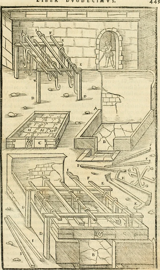 An illustration from Georgii Agricolae De re metallica libri XII. qvibus officia, instrumenta, machinae, ac omnia deni ad metallicam spectantia, non modo luculentissimè describuntur, sed & per effigies, suis locis insertas, adiunctis latinis, germanicis appellationibus ita ob oculos ponuntur, ut clarius tradi non possint. Eivsdem De animantibvs svbterraneis liber, ab autore recognitus: cum indicibus diuersis, quicqiuid in opere tractatum est, pulchré demonstrantibus, 1556, leaf 464