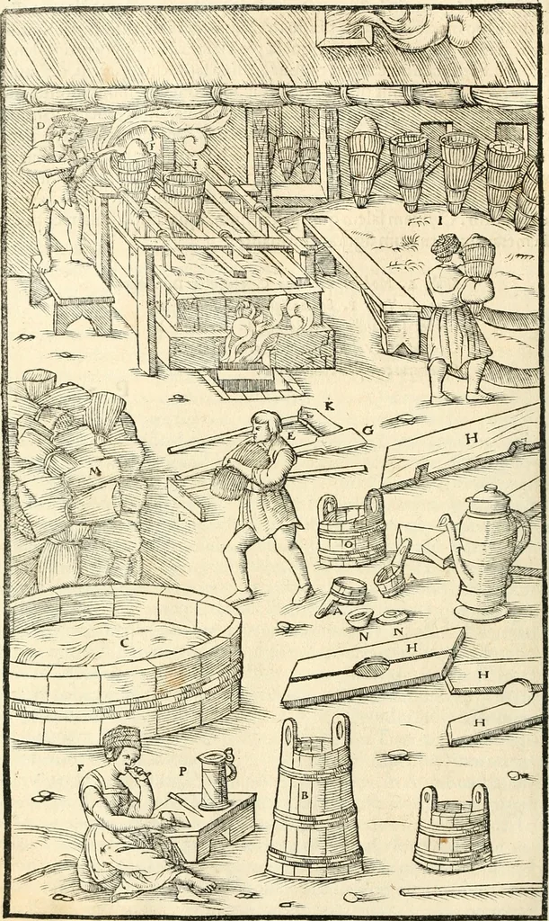 An illustration from Georgii Agricolae De re metallica libri XII. qvibus officia, instrumenta, machinae, ac omnia deni ad metallicam spectantia, non modo luculentissimè describuntur, sed & per effigies, suis locis insertas, adiunctis latinis, germanicis appellationibus ita ob oculos ponuntur, ut clarius tradi non possint. Eivsdem De animantibvs svbterraneis liber, ab autore recognitus: cum indicibus diuersis, quicqiuid in opere tractatum est, pulchré demonstrantibus, 1556, leaf 467