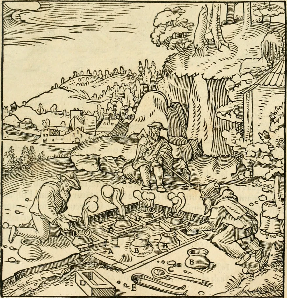 An illustration from Georgii Agricolae De re metallica libri XII. qvibus officia, instrumenta, machinae, ac omnia deni ad metallicam spectantia, non modo luculentissimè describuntur, sed & per effigies, suis locis insertas, adiunctis latinis, germanicis appellationibus ita ob oculos ponuntur, ut clarius tradi non possint. Eivsdem De animantibvs svbterraneis liber, ab autore recognitus: cum indicibus diuersis, quicqiuid in opere tractatum est, pulchré demonstrantibus, 1556, leaf 468