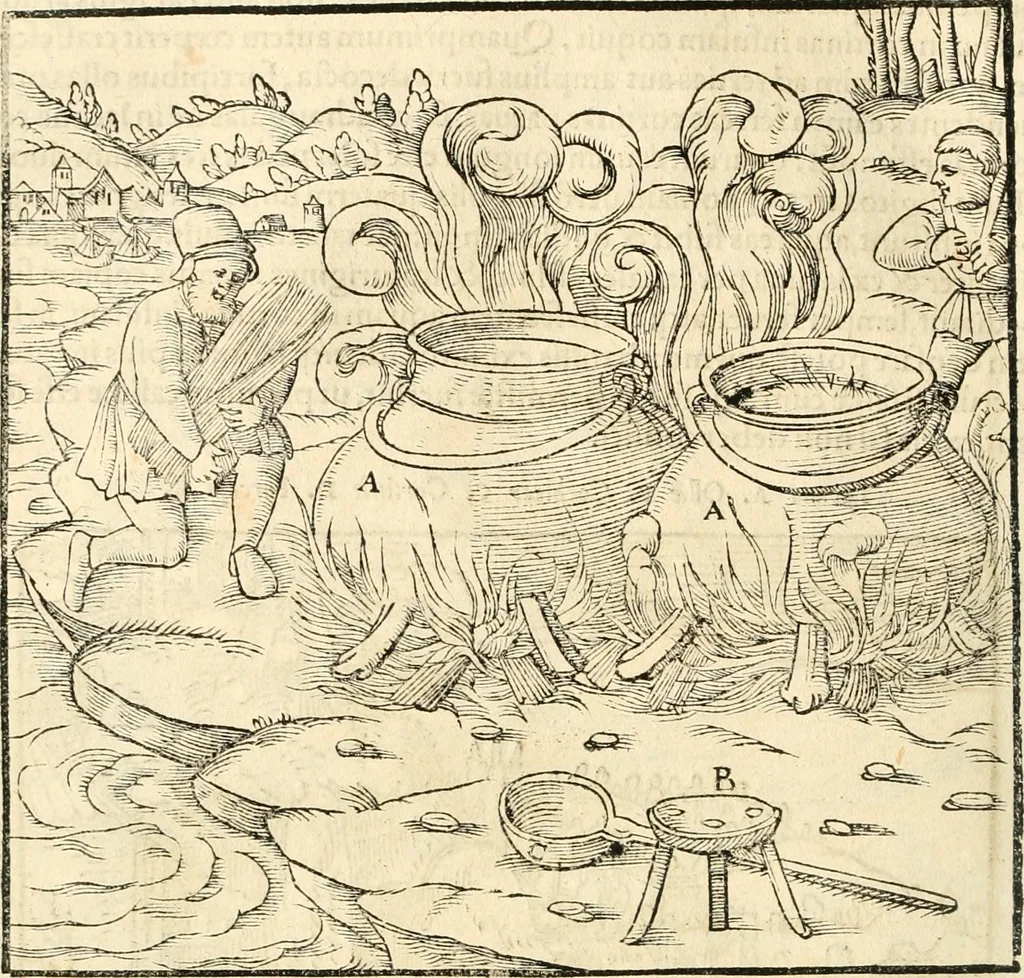 An illustration from Georgii Agricolae De re metallica libri XII. qvibus officia, instrumenta, machinae, ac omnia deni ad metallicam spectantia, non modo luculentissimè describuntur, sed & per effigies, suis locis insertas, adiunctis latinis, germanicis appellationibus ita ob oculos ponuntur, ut clarius tradi non possint. Eivsdem De animantibvs svbterraneis liber, ab autore recognitus: cum indicibus diuersis, quicqiuid in opere tractatum est, pulchré demonstrantibus, 1556, leaf 469