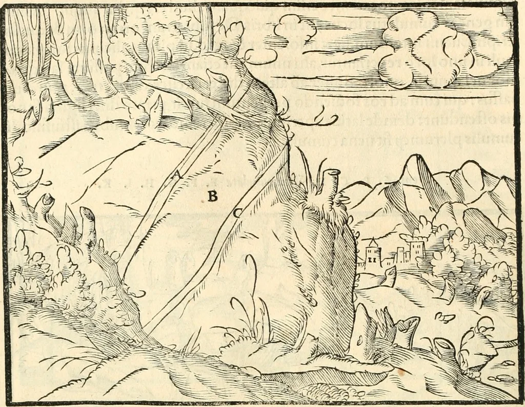 An illustration from Georgii Agricolae De re metallica libri XII. qvibus officia, instrumenta, machinae, ac omnia deni ad metallicam spectantia, non modo luculentissimè describuntur, sed & per effigies, suis locis insertas, adiunctis latinis, germanicis appellationibus ita ob oculos ponuntur, ut clarius tradi non possint. Eivsdem De animantibvs svbterraneis liber, ab autore recognitus: cum indicibus diuersis, quicqiuid in opere tractatum est, pulchré demonstrantibus, 1556, leaf 47