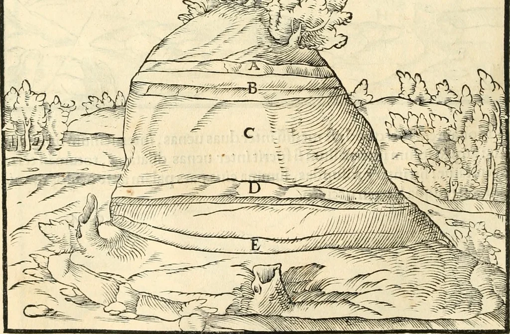 An illustration from Georgii Agricolae De re metallica libri XII. qvibus officia, instrumenta, machinae, ac omnia deni ad metallicam spectantia, non modo luculentissimè describuntur, sed & per effigies, suis locis insertas, adiunctis latinis, germanicis appellationibus ita ob oculos ponuntur, ut clarius tradi non possint. Eivsdem De animantibvs svbterraneis liber, ab autore recognitus: cum indicibus diuersis, quicqiuid in opere tractatum est, pulchré demonstrantibus, 1556, leaf 47