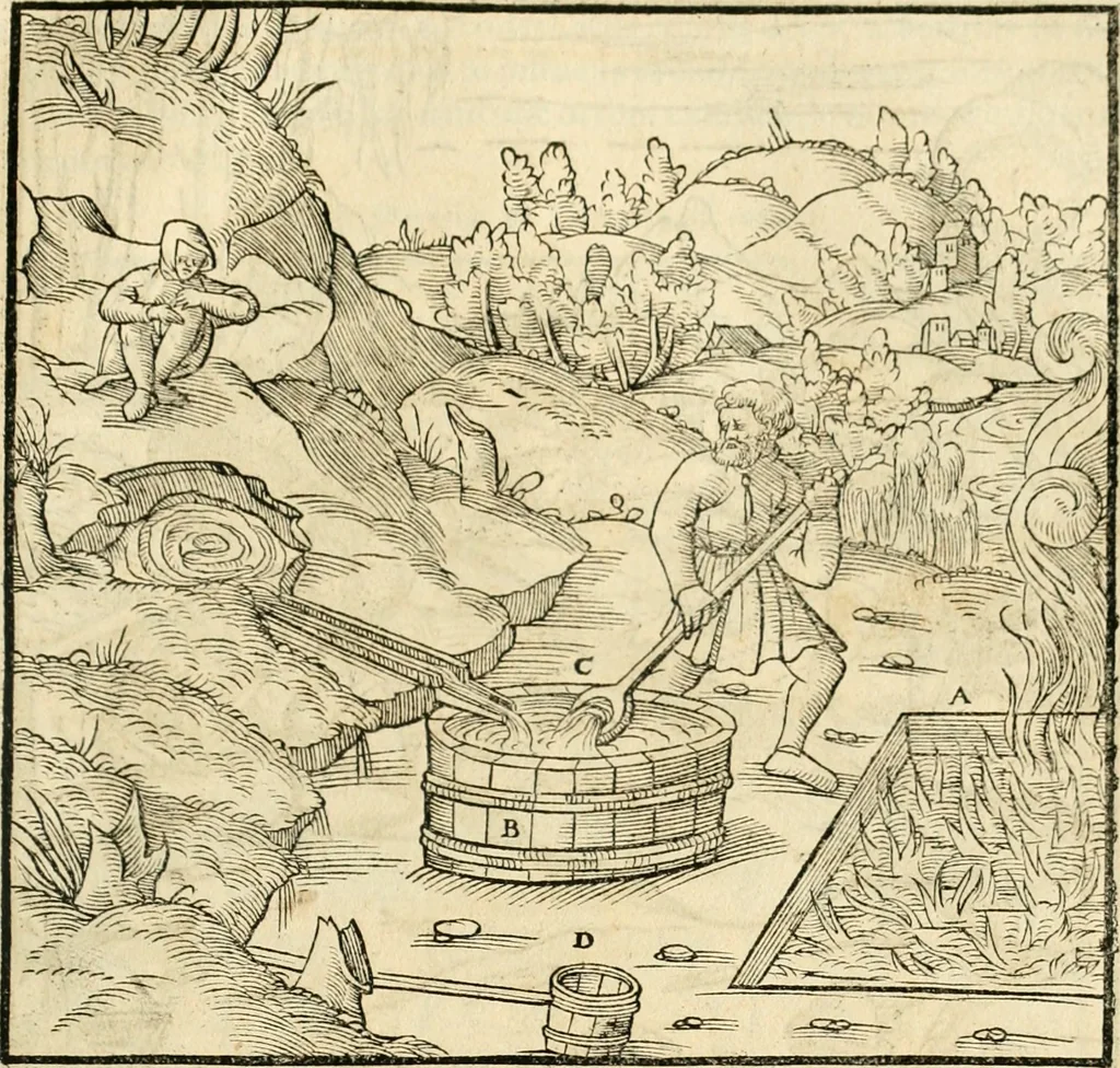 An illustration from Georgii Agricolae De re metallica libri XII. qvibus officia, instrumenta, machinae, ac omnia deni ad metallicam spectantia, non modo luculentissimè describuntur, sed & per effigies, suis locis insertas, adiunctis latinis, germanicis appellationibus ita ob oculos ponuntur, ut clarius tradi non possint. Eivsdem De animantibvs svbterraneis liber, ab autore recognitus: cum indicibus diuersis, quicqiuid in opere tractatum est, pulchré demonstrantibus, 1556, leaf 470