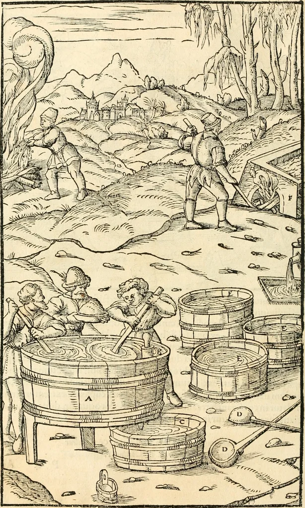 An illustration from Georgii Agricolae De re metallica libri XII. qvibus officia, instrumenta, machinae, ac omnia deni ad metallicam spectantia, non modo luculentissimè describuntur, sed & per effigies, suis locis insertas, adiunctis latinis, germanicis appellationibus ita ob oculos ponuntur, ut clarius tradi non possint. Eivsdem De animantibvs svbterraneis liber, ab autore recognitus: cum indicibus diuersis, quicqiuid in opere tractatum est, pulchré demonstrantibus, 1556, leaf 471