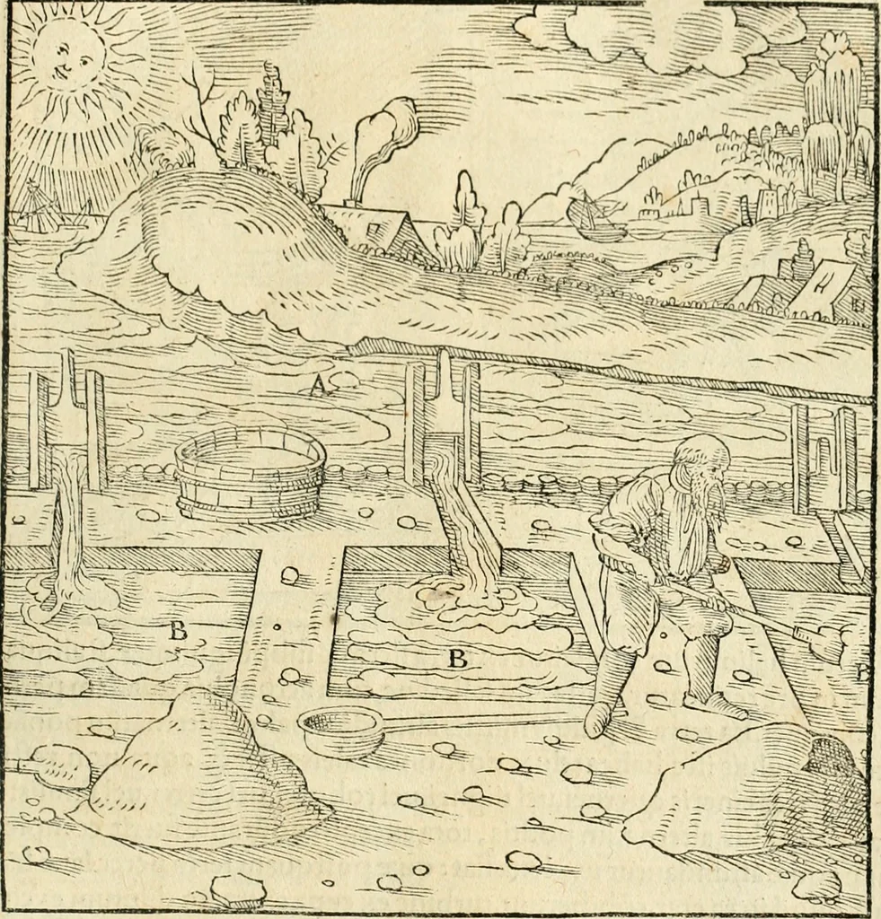 An illustration from Georgii Agricolae De re metallica libri XII. qvibus officia, instrumenta, machinae, ac omnia deni ad metallicam spectantia, non modo luculentissimè describuntur, sed & per effigies, suis locis insertas, adiunctis latinis, germanicis appellationibus ita ob oculos ponuntur, ut clarius tradi non possint. Eivsdem De animantibvs svbterraneis liber, ab autore recognitus: cum indicibus diuersis, quicqiuid in opere tractatum est, pulchré demonstrantibus, 1556, leaf 472