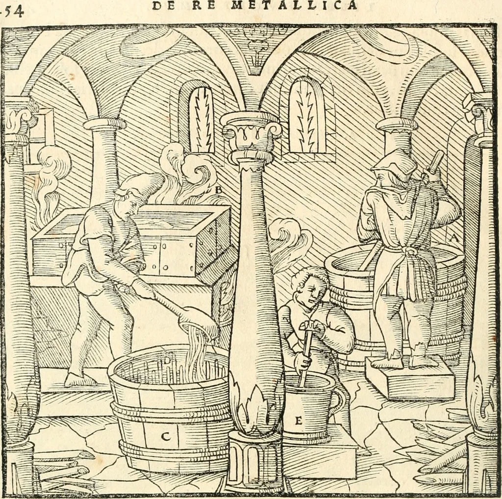 An illustration from Georgii Agricolae De re metallica libri XII. qvibus officia, instrumenta, machinae, ac omnia deni ad metallicam spectantia, non modo luculentissimè describuntur, sed & per effigies, suis locis insertas, adiunctis latinis, germanicis appellationibus ita ob oculos ponuntur, ut clarius tradi non possint. Eivsdem De animantibvs svbterraneis liber, ab autore recognitus: cum indicibus diuersis, quicqiuid in opere tractatum est, pulchré demonstrantibus, 1556, leaf 473