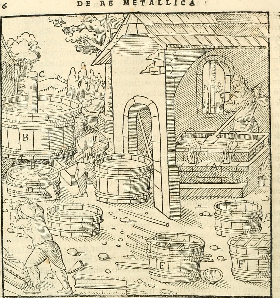 An illustration from Georgii Agricolae De re metallica libri XII. qvibus officia, instrumenta, machinae, ac omnia deni ad metallicam spectantia, non modo luculentissimè describuntur, sed & per effigies, suis locis insertas, adiunctis latinis, germanicis appellationibus ita ob oculos ponuntur, ut clarius tradi non possint. Eivsdem De animantibvs svbterraneis liber, ab autore recognitus: cum indicibus diuersis, quicqiuid in opere tractatum est, pulchré demonstrantibus, 1556, leaf 475