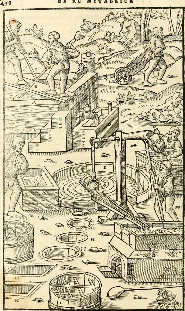 An illustration from Georgii Agricolae De re metallica libri XII. qvibus officia, instrumenta, machinae, ac omnia deni ad metallicam spectantia, non modo luculentissimè describuntur, sed & per effigies, suis locis insertas, adiunctis latinis, germanicis appellationibus ita ob oculos ponuntur, ut clarius tradi non possint. Eivsdem De animantibvs svbterraneis liber, ab autore recognitus: cum indicibus diuersis, quicqiuid in opere tractatum est, pulchré demonstrantibus, 1556, leaf 477